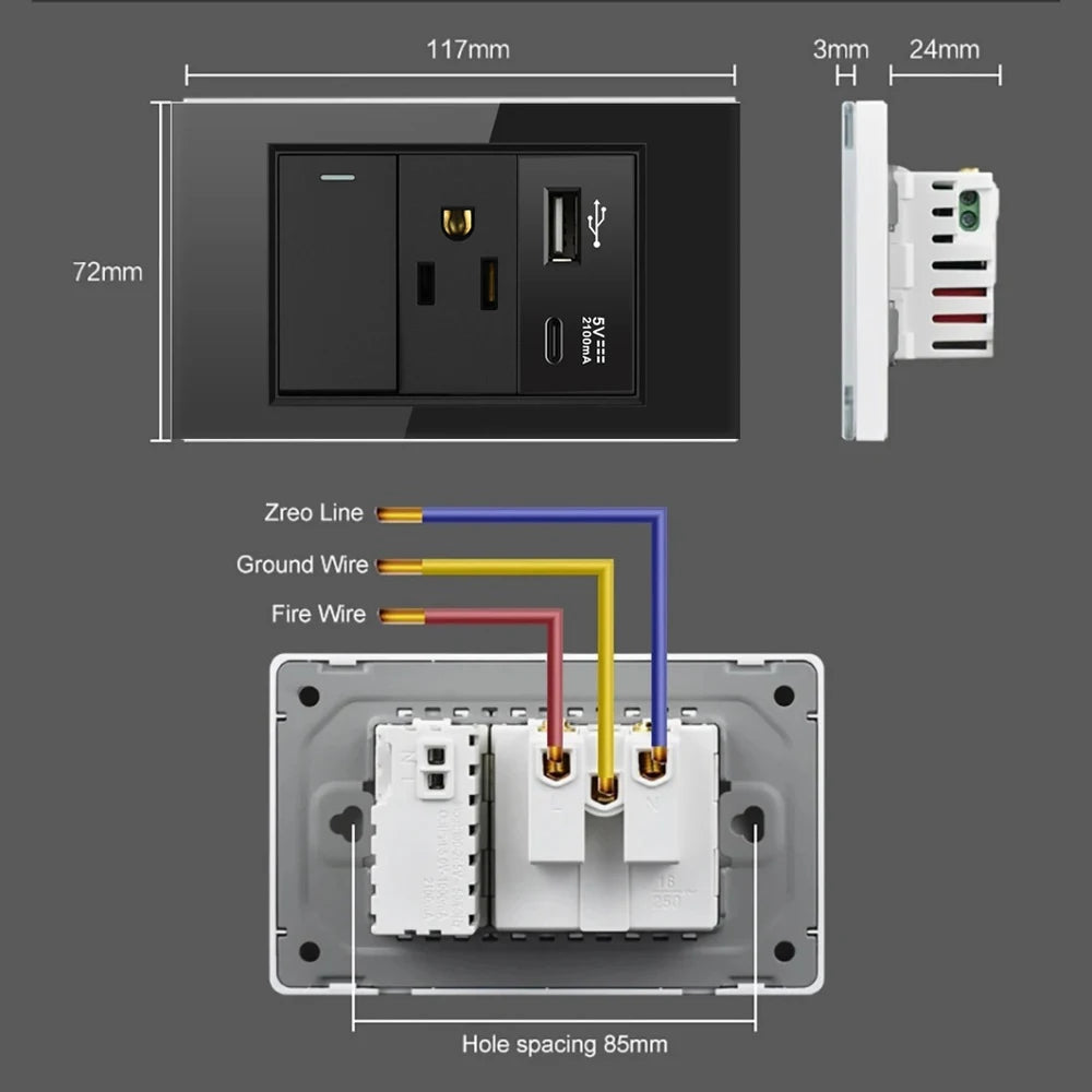 Melery US Power Wall Socket – Double USB + Type-C Ports with Light Switch, Tempered Glass Panel Electrical Plug for Home & Office