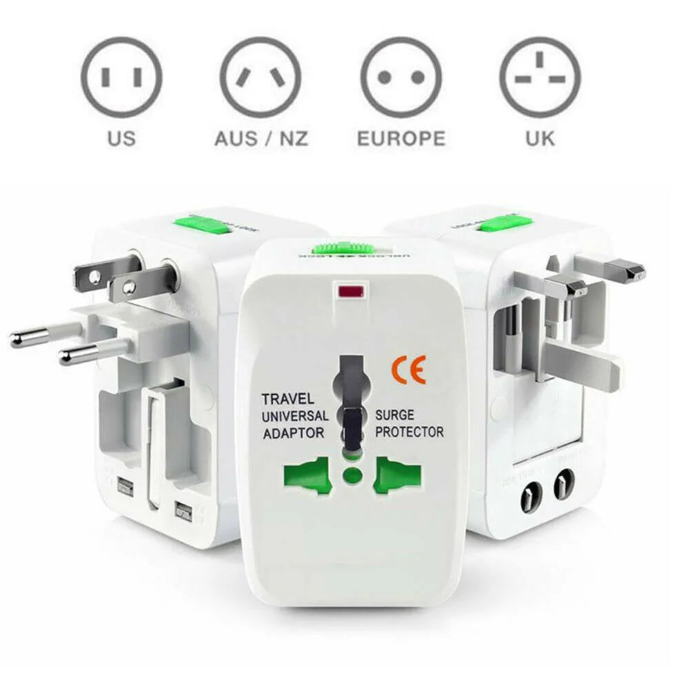 Universal Worldwide Travel Adapter – AU/UK/US/EU Plug Converter with AC Power Socket & Dual USB Charging Ports