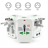 Universal Worldwide Travel Adapter – AU/UK/US/EU Plug Converter with AC Power Socket & Dual USB Charging Ports