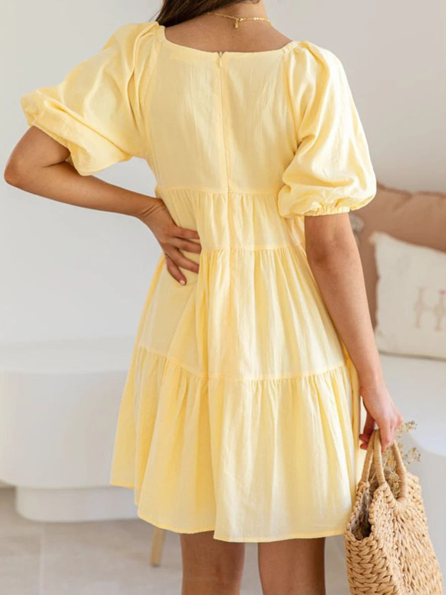 Elegant Maternity Dress – Solid Color A-Line Pregnancy Outfit with Puff Sleeves & V-Neck, Casual Summer Photoshoot Wear