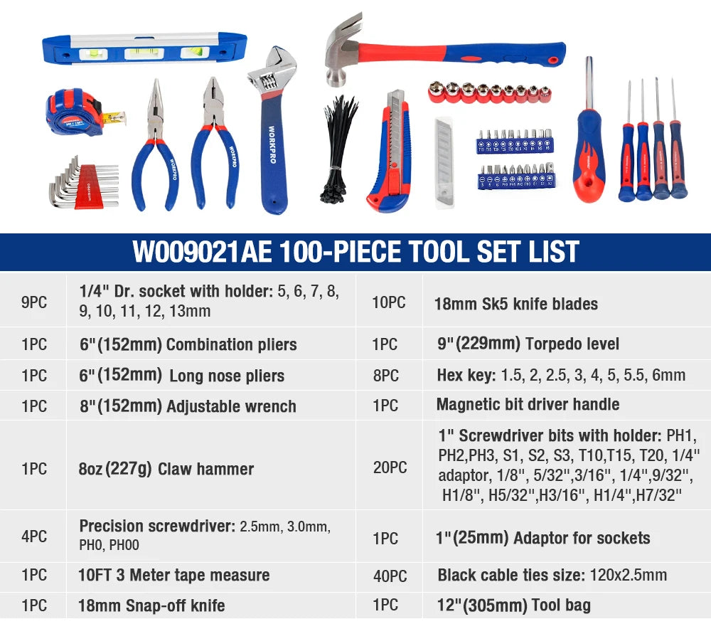 WORKPRO 100PCS Household Tool Set – Complete Home & Mechanic Kit with Pliers, Screwdrivers, Wrenches, Hammer & Utility Knife