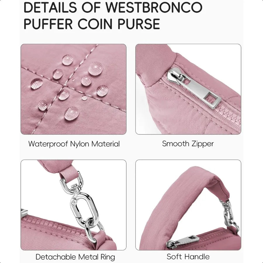 Westbronco ER Mini Coin Pouch – Quilted Nylon Wristlet Purse, Tiny Puffer Keychain Bag for Women