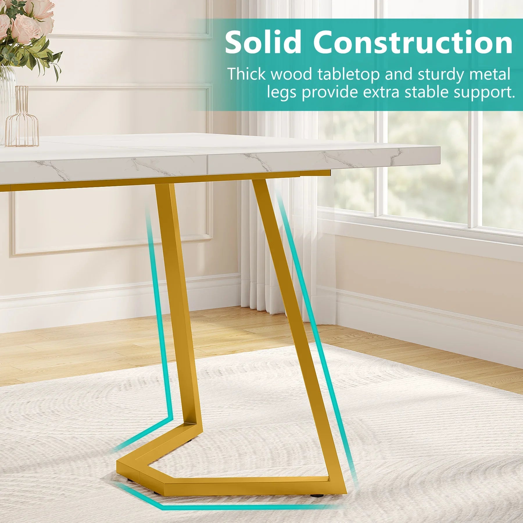 Tribesigns 55" Gold Dining Table – Modern White Faux Marble Top with Golden Metal Legs | Elegant Dining Room Table for 6