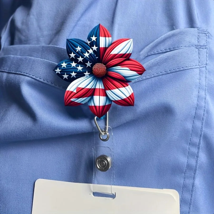 🇺🇸 4th of July Flower Badge Holder – Patriotic Retractable Badge Reel with Acrylic Design & Alligator Clip for ID Cards
