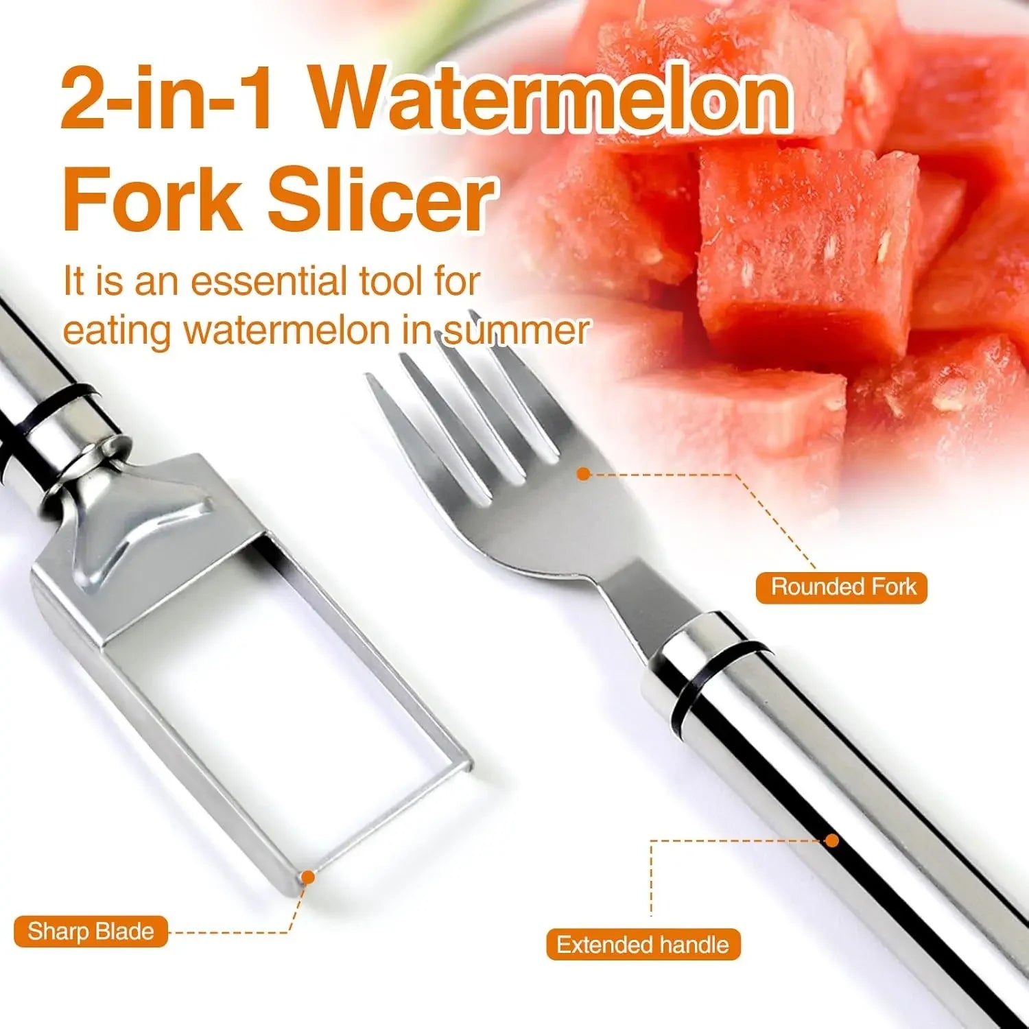 2PCS Stainless Steel Watermelon Slicer & Fruit Scoop – Dual-Head Cutter, Fork & Melon Baller 🍉✨