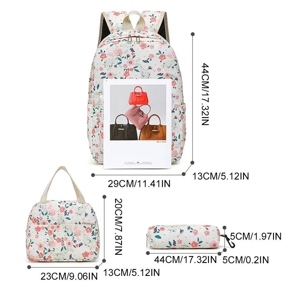 3-Piece Floral Backpack Set for Teenagers – Large Capacity School Bookbag with Lunch Bag & Pen Case