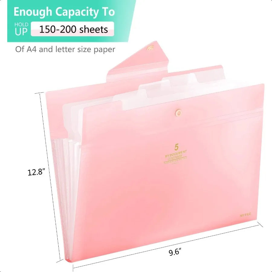 Accordion File Organizer with 5 Pockets – Portable Expanding Document Folder for School & Office (Pink)