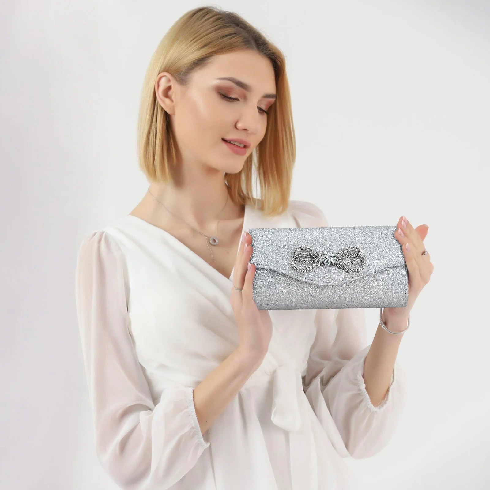 Women’s Crystal Bow Handbag – Elegant Satchel Clutch Purse with Chain Strap | Shiny Evening Crossbody & Shoulder Bag