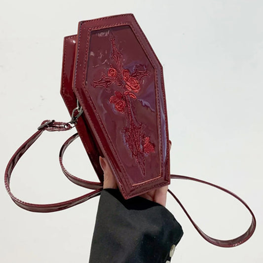 Women’s Coffin Satchel Cartoon Gothic Crossbody Bag – Rose Print Y2K Cellphone Pouch