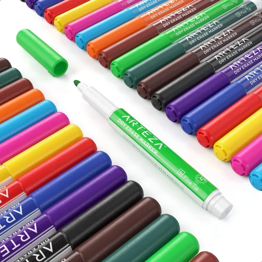 Bulk Set of 36 Fine-Tip Dry-Erase Markers – Low-Odor, 12 Bright Assorted Colors for Whiteboards
