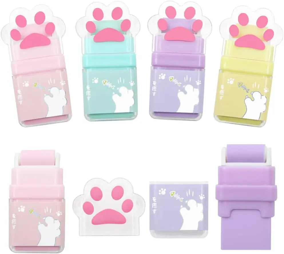 Cute Paw Roller Erasers – 4-Pack Rubber Erasers with Built-In Shaving Roller Case