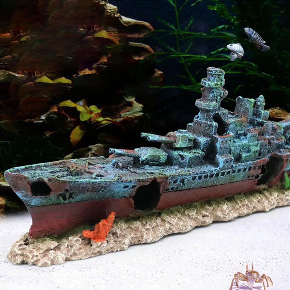 AquaFort Warship Wreck Aquarium Ornament – Realistic Shipwreck Cave Decoration for Fish Tanks