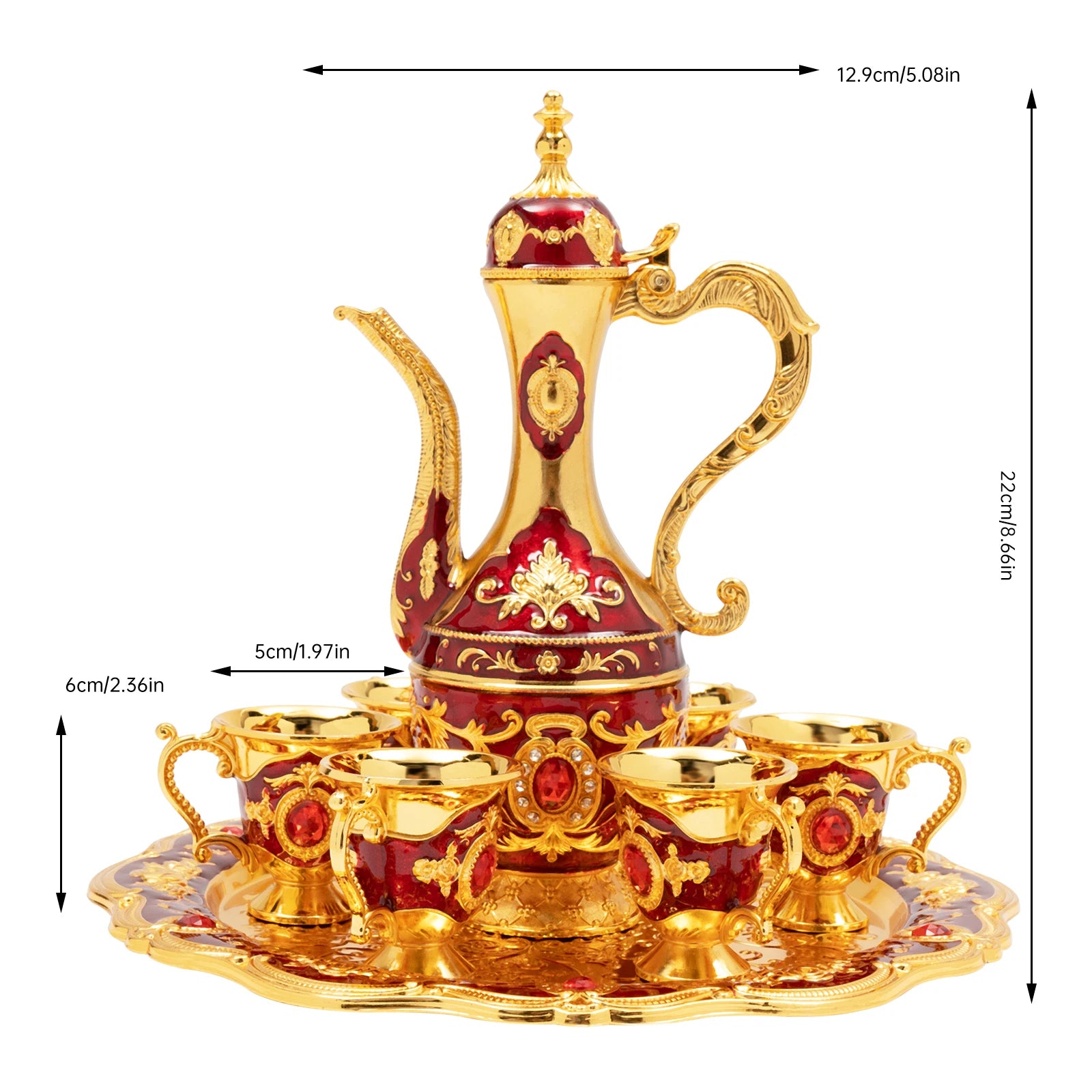 Vintage Turkish Tea & Coffee Set – Red Pot with 6 Cups for Home Décor, Wedding & House-warming