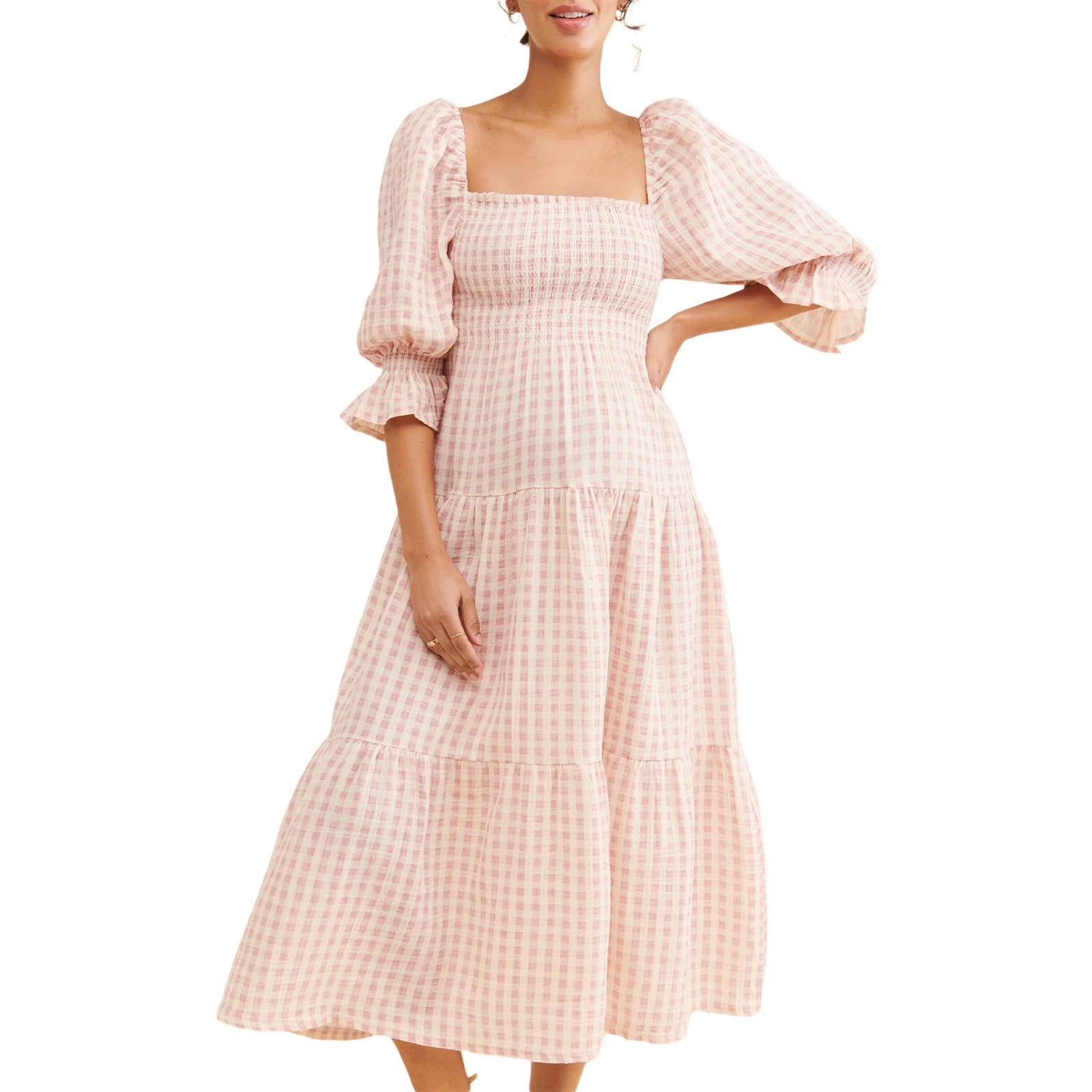 Women’s Floral Print Maternity Dress – Half Sleeve Pregnancy Outfit with Square Neckline, Perfect for Fall Baby Showers