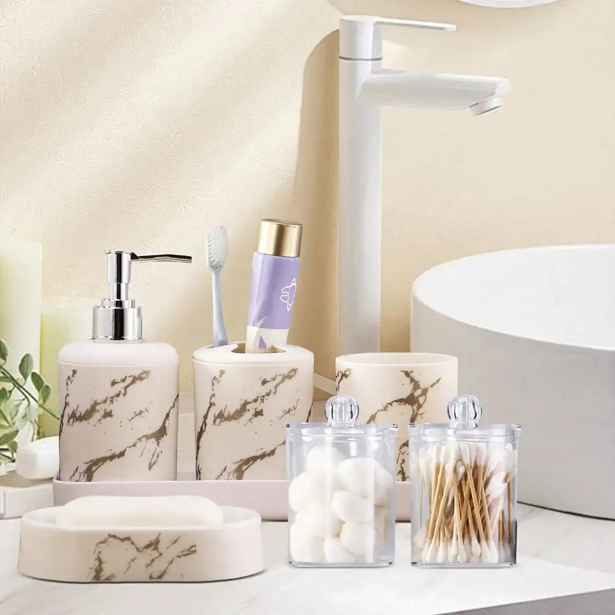 7-Piece White Marble Bathroom Accessory Wash Set – Soap Dispenser, Tray & Cotton Swab Box
