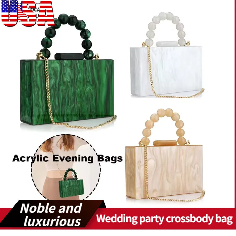Pearl Marble Dark Green Acrylic Evening Crossbody Bag – Luxury Flap Purse for Weddings, Parties & Chic Beach Events