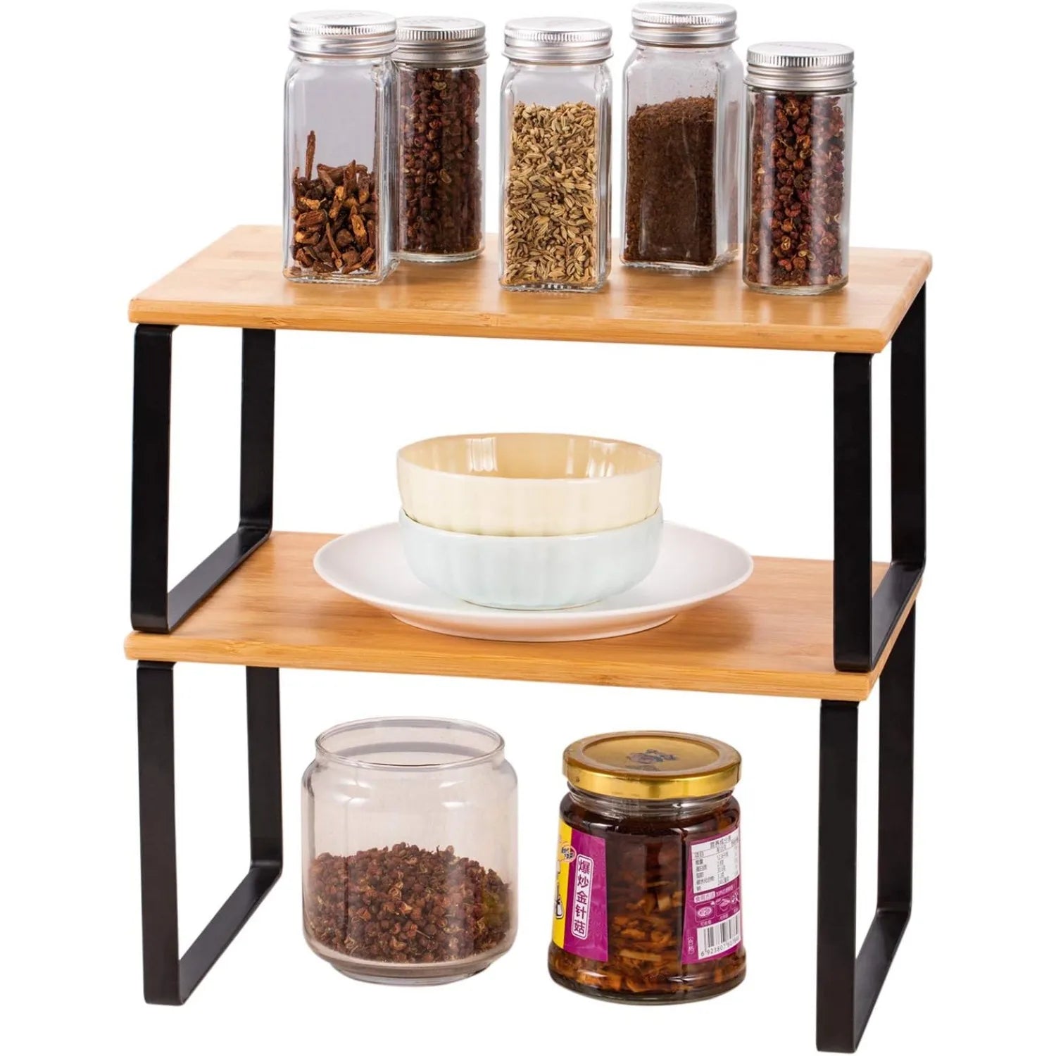 Set of 2 Stackable 2-Tier Bamboo & Metal Shelf Organizer – Space-Saving Kitchen, Pantry & Bathroom Rack