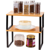Set of 2 Stackable 2-Tier Bamboo & Metal Shelf Organizer – Space-Saving Kitchen, Pantry & Bathroom Rack