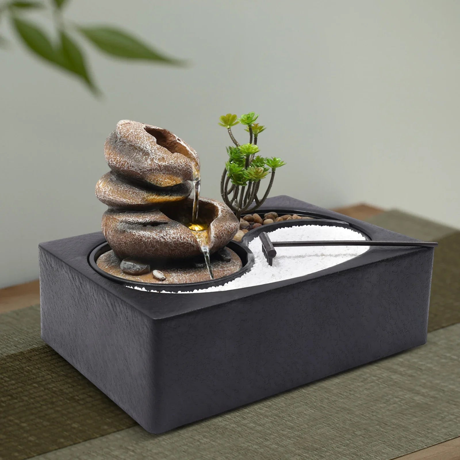 Tabletop Rock Water Fountain with LED Light – Indoor Zen Waterfall Décor for Desk & Home Relaxation