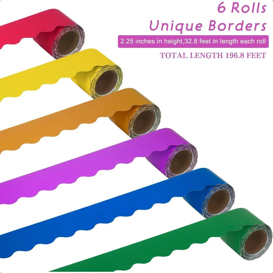Classroom Bulletin Board Trim Set – 6 Rolls Colorful Scalloped Borders, Rainbow Die-Cut Design (196.8 ft Total)