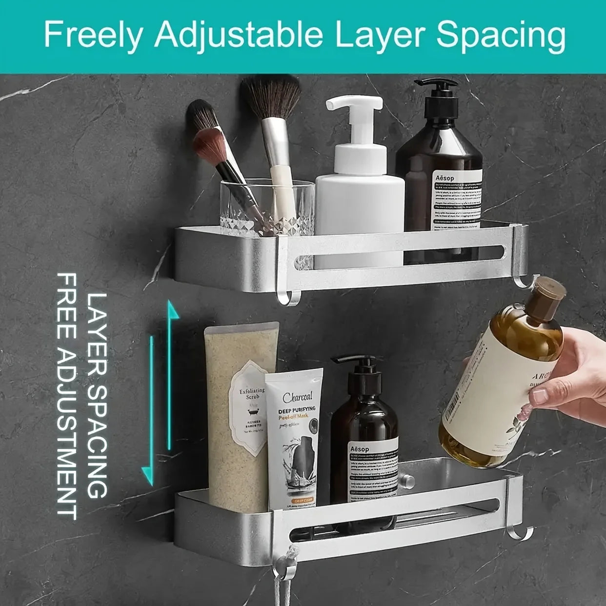 2-Pack Aluminium Tower Shower Caddy & Shelves Set with Hooks – Bathroom Storage Organizer