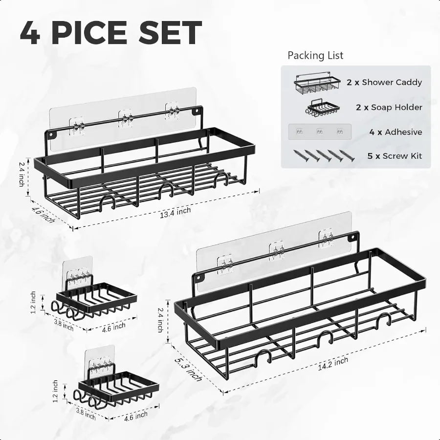 4-Pack Adhesive Stainless-Steel Shower Caddy Organizer – Rustproof Wall Shelves with Hooks