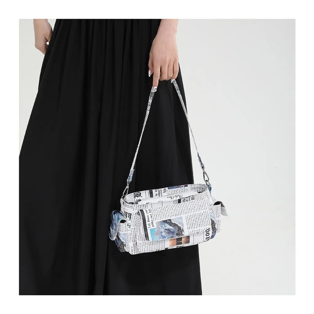 Women’s Heart-Shaped Herringbone & Newspaper-Print Crossbody Bag – Stylish Underarm & Shoulder Purse