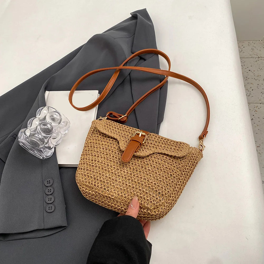 Women’s Summer Straw Tote Bag – Handmade Woven Paper Rope Crossbody with Adjustable Straps, Fashion Mobile Phone Bag