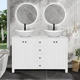 48" White Bathroom Vanity – Marble-Texture Top, 4 Drawers & Double Glass Vessel Sinks (Modern Standing Cabinet)