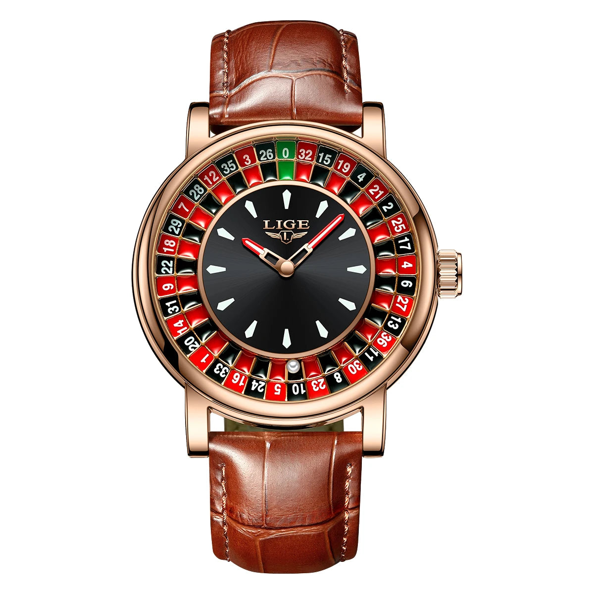 LIGE Russian Roulette Dial Men’s Watch – Creative Rotating Wheel, Luminous Hands, Leather Strap, Business Wristwatch