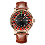 LIGE Russian Roulette Dial Men’s Watch – Creative Rotating Wheel, Luminous Hands, Leather Strap, Business Wristwatch