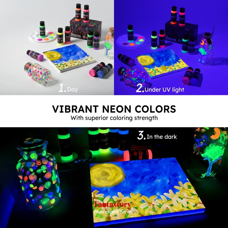 Fantastory 10-Colour 2-in-1 Glow-in-the-Dark Acrylic Paint Set – Waterproof Neon Paints for Wood, Fabric & DIY Decor