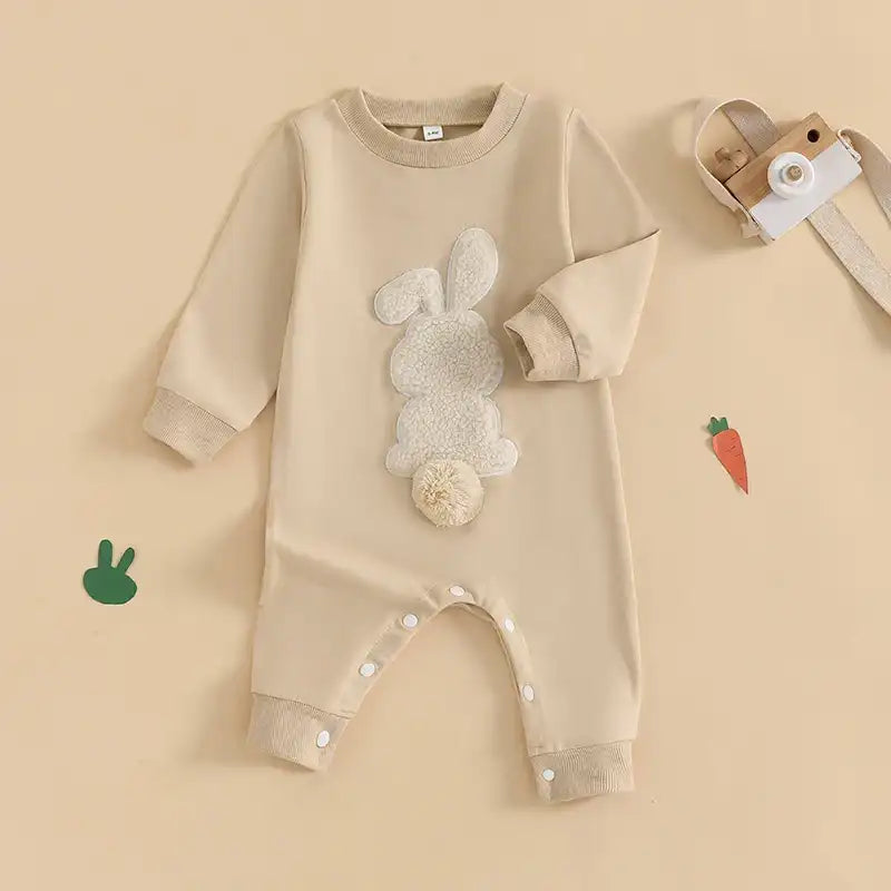 Plush Bunny Embroidery Romper Jumpsuit – Long Sleeve Crew-Neck Spring Infant Outfit for Baby Girls & Boys