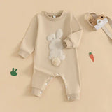 Plush Bunny Embroidery Romper Jumpsuit – Long Sleeve Crew-Neck Spring Infant Outfit for Baby Girls & Boys
