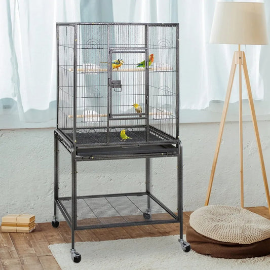 Standing Wrought Iron Birdcage – Large Parrot Flight Cage with Rolling Stand for Cockatiels, African Greys & Medium Birds