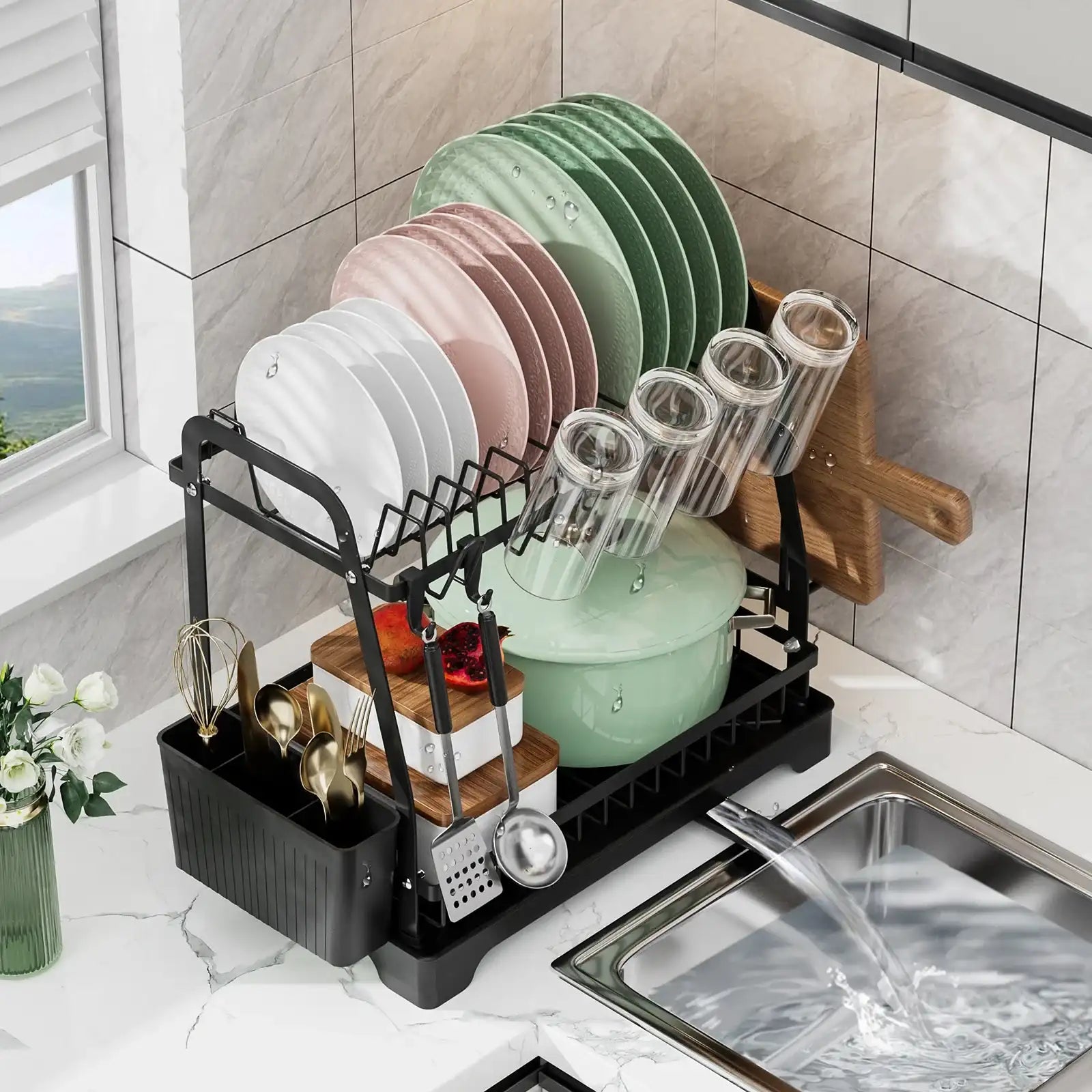 2-Tier Large Dish Drying Rack with Drainboard & Utensil Holders – Kitchen Counter Dish Drainer