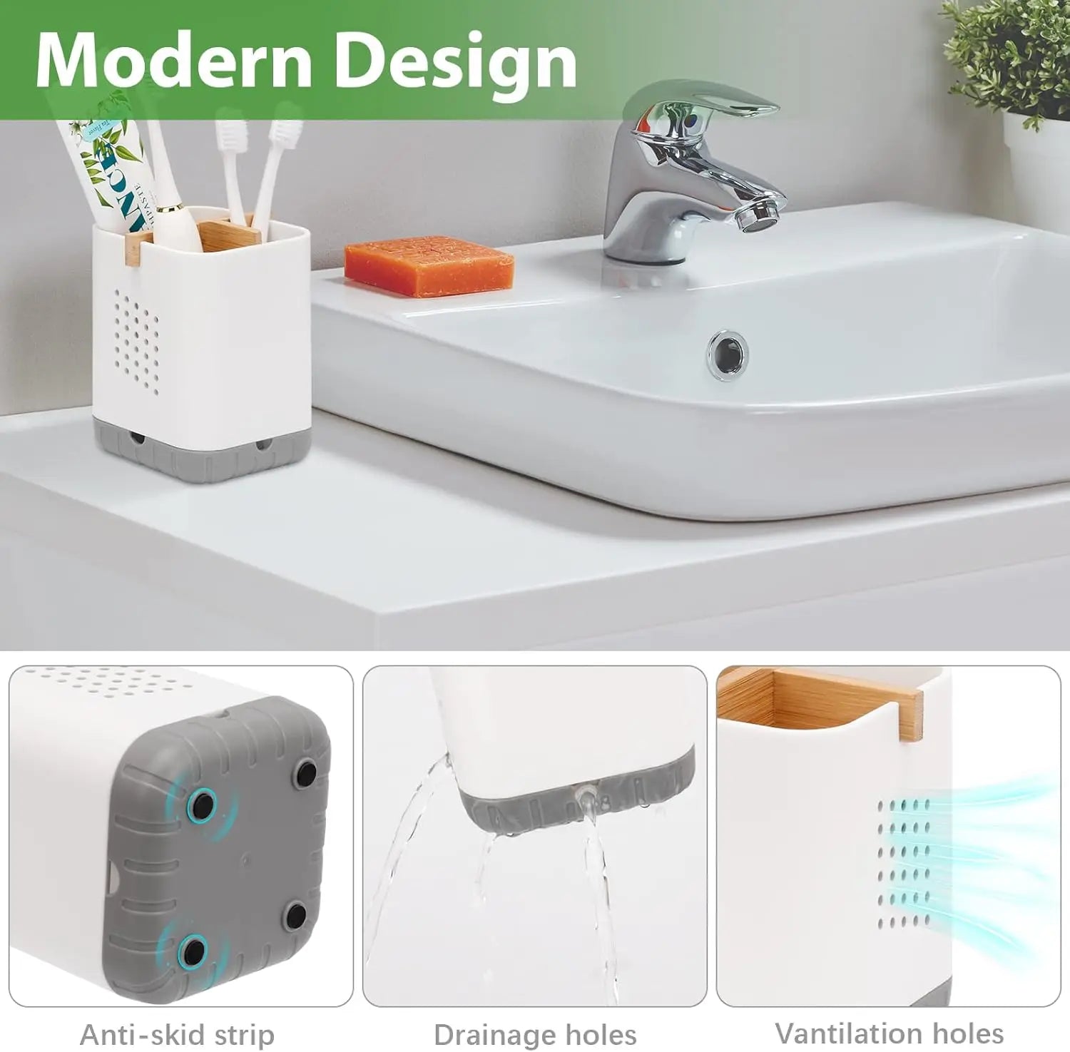 Bamboo Toothbrush & Toothpaste Holder – 4-Compartment Countertop Organizer with Anti-Slip Base
