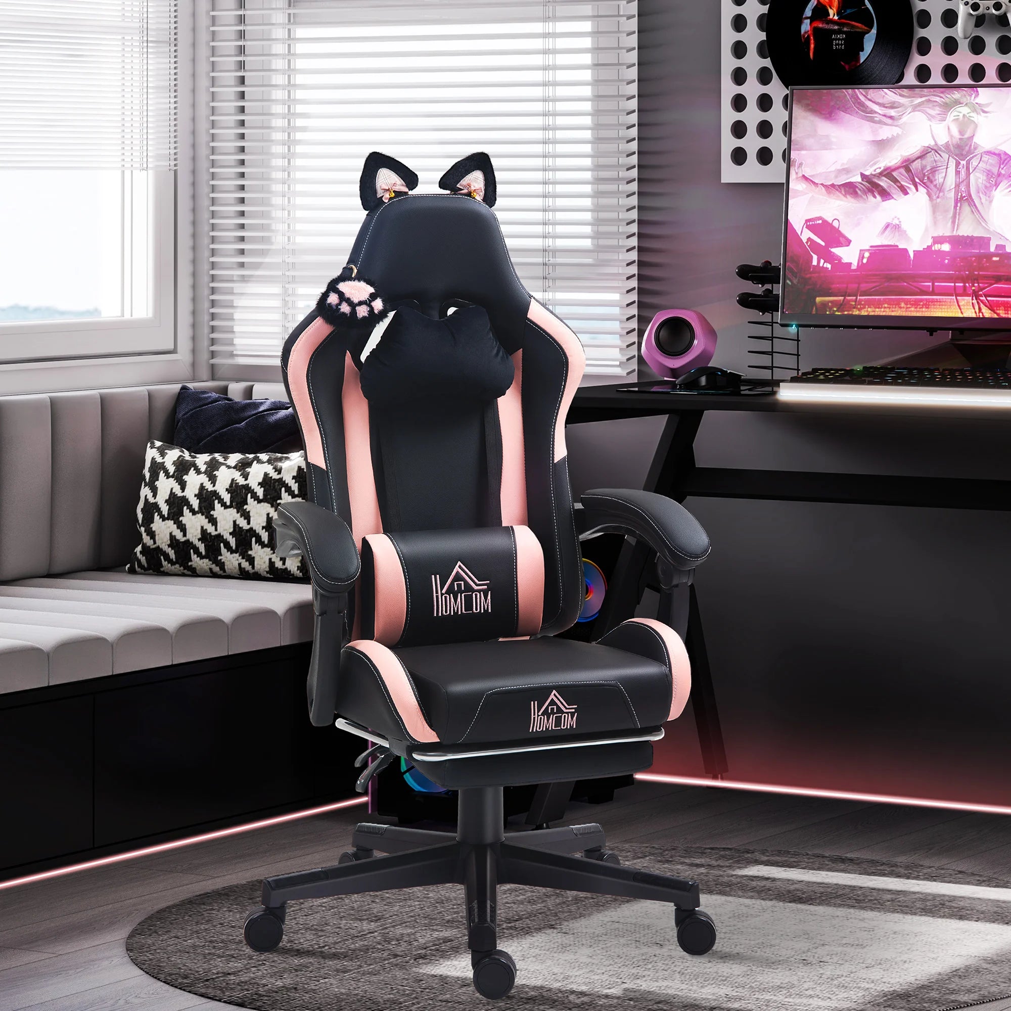 Cute Racing Gamer Chair – Black Faux Leather Gaming Chair with Footrest, Ergonomic Lumbar Support & Adjustable Headrest