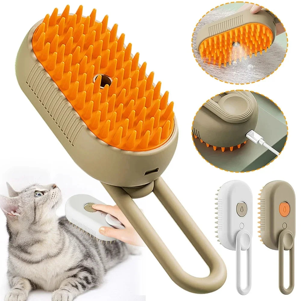 3-in-1 Steam Brush Cat & Dog Grooming Comb – Steamy Spray Hair Remover, Massage Comb & Pet Cleaning Tool