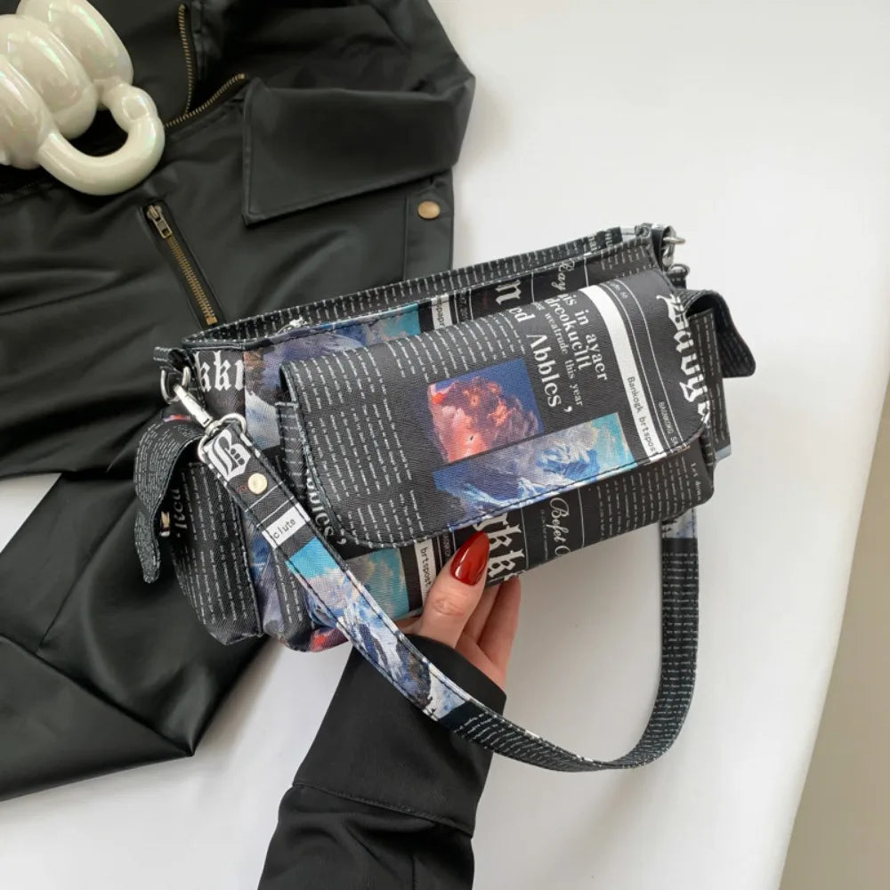 Women’s Heart-Shaped Herringbone & Newspaper-Print Crossbody Bag – Stylish Underarm & Shoulder Purse