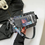 Women’s Heart-Shaped Herringbone & Newspaper-Print Crossbody Bag – Stylish Underarm & Shoulder Purse