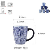 Selamica 16 oz Porcelain Coffee Mugs Set – Pack of 6 Vintage Blue, Dishwasher • Oven • Microwave Safe