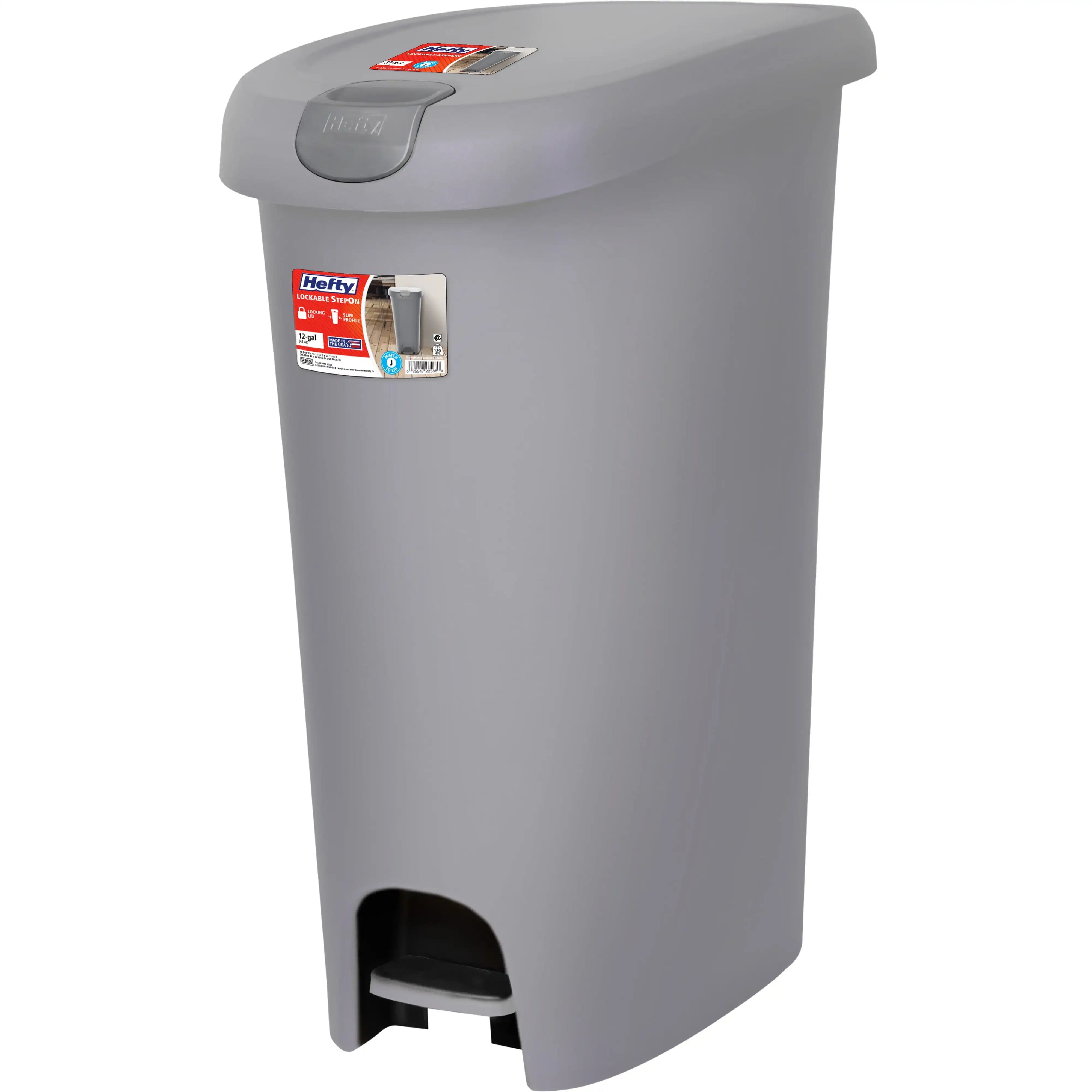 12-Gallon Slim Plastic Step-On Trash Can with Lock Lid – Gray Kitchen Bin