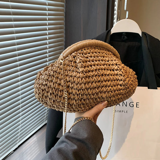 Women Straw Woven Bag with Chain Strap – Large Capacity Fashion Shoulder Satchel for Party & Vacation