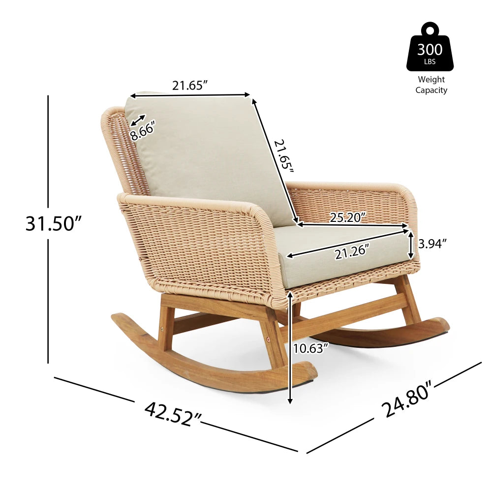 “3-Piece Modern Outdoor Seating Set – Beige Cushioned PE Rattan Rocking Chairs with Wooden Accent Table”