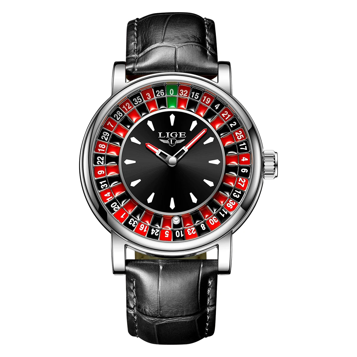 LIGE Russian Roulette Dial Men’s Watch – Creative Rotating Wheel, Luminous Hands, Leather Strap, Business Wristwatch