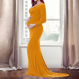 Women’s Cotton Maternity Photography Dress – Long Sleeve Crewneck Pregnancy Gown with Trailing Hem, Elegant Outfit