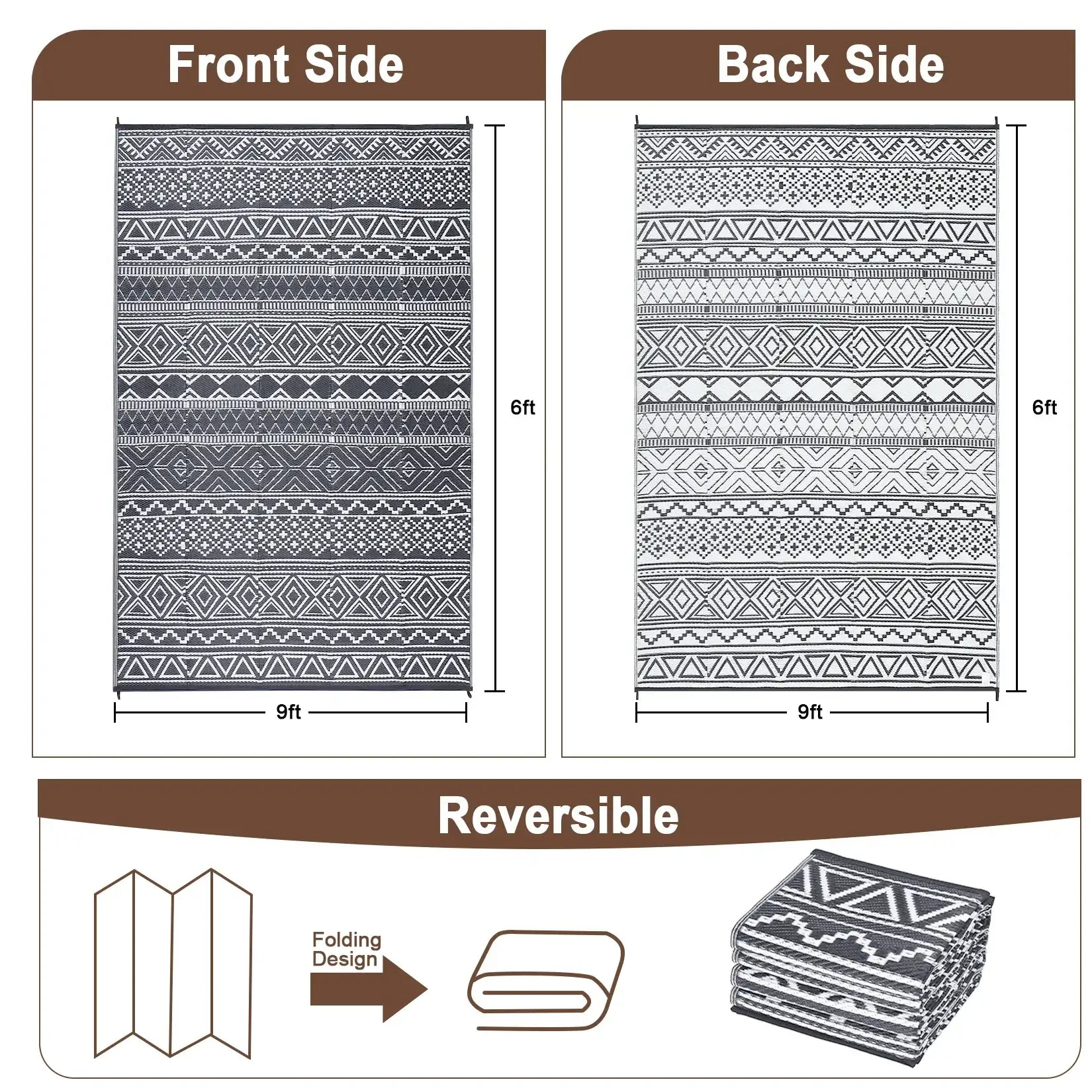 5x8 Outdoor Waterproof Reversible Patio Rug – Boho Plastic RV Camping Rug for Porch, Balcony, Backyard & Picnic