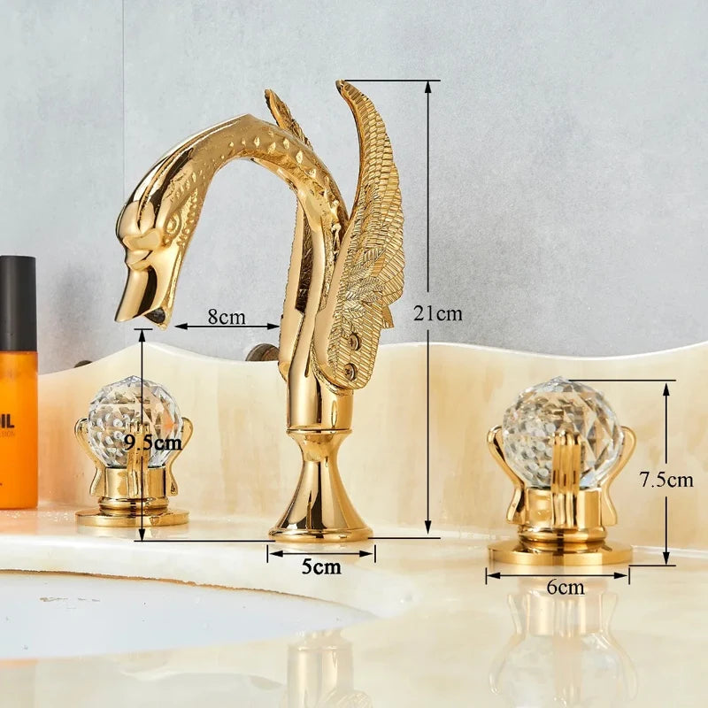 Wanmivezlo Gold Swan Basin Faucet – Luxury Deck-Mounted Dual Crystal Handle Hot & Cold Mixer