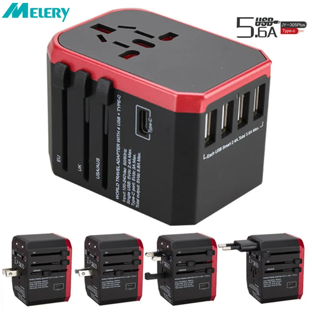 Melery International Travel Smart Adapter – Universal Plug with USB & Type-C Charger for US/EU/UK/AU